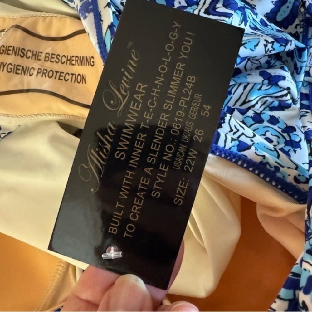 ALISHA LEVINE. NWT.  Blue/ White  Swimsuit. Sz 22W. Ruching in front, flowy hem. - Picture 10 of 10